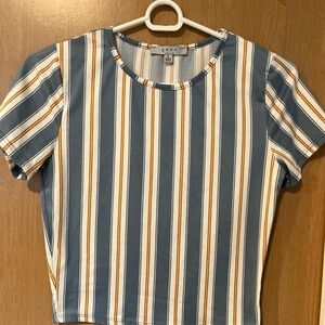 Gaze Women’s Striped Crop Top Short Sleeve Blue White Small Summer Stretch